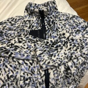 Women's Plush Leopard Print Bomber Jacket - Black, White & Blue